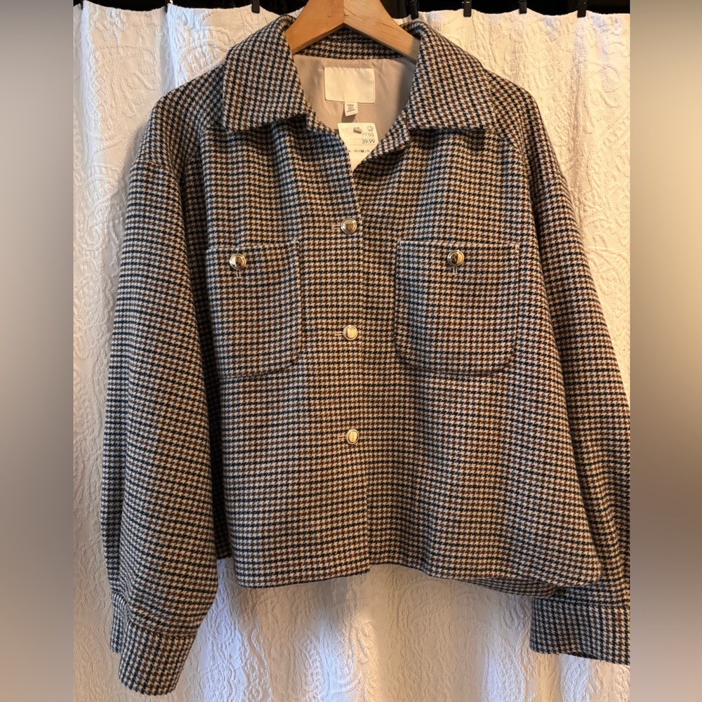 H&M Brown & Cream Houndstooth Button-Front Unisex Bomber Jacket